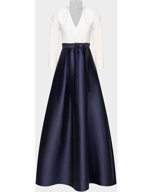 Kay Unger Phoebe 3/4-Sleeve Collared Poplin A-Line Gown - Blue