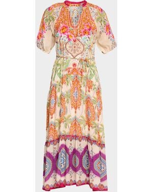 Johnny Was Rusi Tiered Botanical-Print Midi Dress - Pink