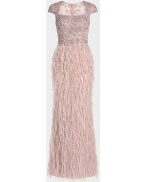Mac Duggal Beaded Feather-Trim Column Gown - Pink