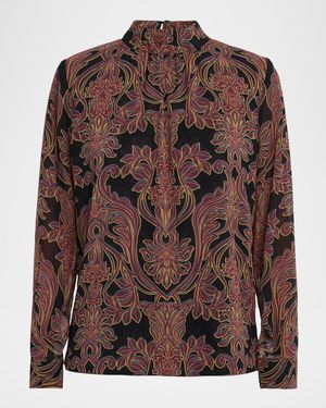 MISA Los Angles Studded Flora Annie Mock-Neck Blouse - Brown