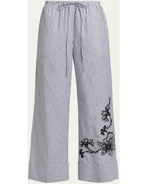 Kobi Halperin Callie Embroidered Striped Wide-Leg Pants - Gray