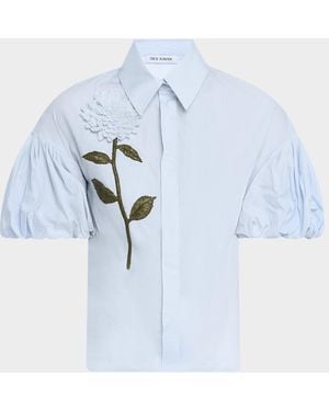 Dice Kayek Flower Embellished Puff-Sleeve Button-Down Shirt - Blue