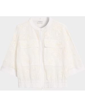 Brunello Cucinelli Broderie Anglaise Cotton Organza 3/4-Sleeve Zip Jacket - White