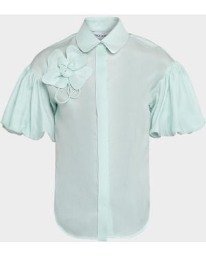 Dice Kayek Flower Applique Silk Puff-Sleeve Shirt - Blue
