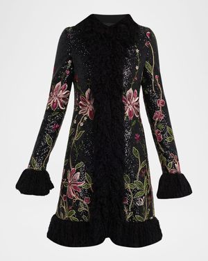 Giambattista Valli Sequin Embroidered Faux Fur Trim Coat - Black
