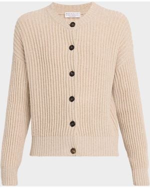 Brunello Cucinelli Shimmering Cashmere-Wool English Rib Crewneck Cardigan - Natural