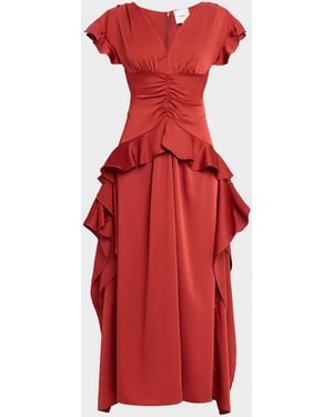 AKNVAS Danielle Draped Ruffle Satin Dress - Red