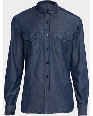Stefano Ricci Cotton And Silk Denim Button-Down Shirt - Blue