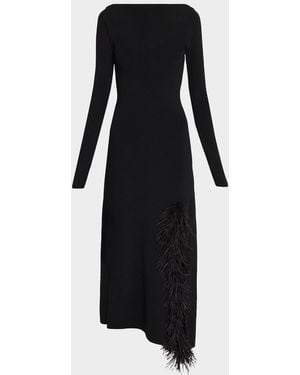 LAPOINTE Feather-Trim Long-Sleeve Matte Viscose Midi Dress - Black