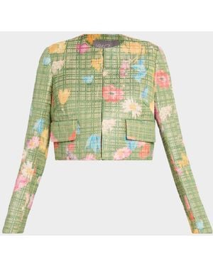 Lela Rose Floral Raffia Crop Jacket - Green