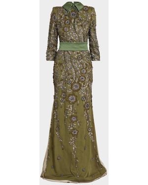 Badgley Mischka Belted Floral-Embroidered Gown - Green