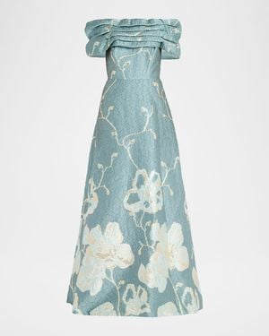 Teri Jon Off-Shoulder Metallic Jacquard Gown - Blue