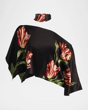Alice + Olivia Rita Draped Floral One-Shoulder Crop Top - Black