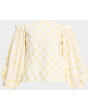 Rosie Assoulin Gingham-Print Balloon Sleeve Off-The-Shoulder Top - Natural