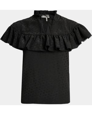 Chloé Tonal-Jacquard Ruffled Short-Sleeve Top - Black