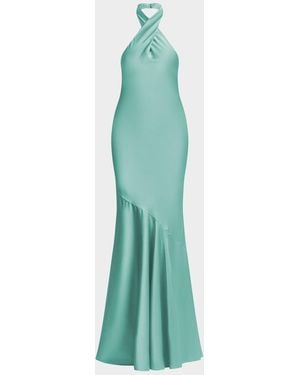 BCBGMAXAZRIA Evelyn Charmeuse Crossover Halter Gown - Green