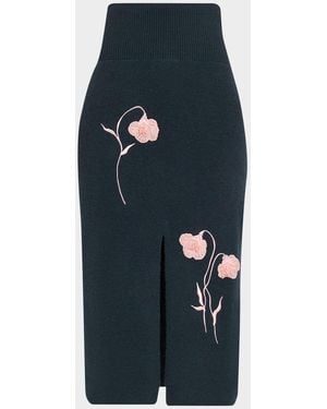 Erdem Embroidered Wool Knit Midi Pencil Skirt - Blue