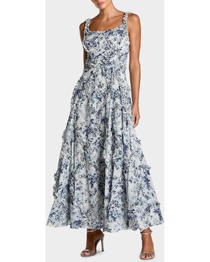 Mac Duggal Ruffle Floral Sweetheart Maxi Dress - Blue