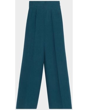 Akris Linen-Wool Wide-Leg Pants - Blue