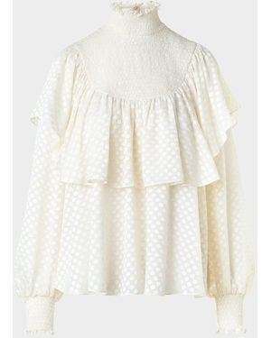 Akris Punto Diamond Dot Devore Flounce Blouse - White