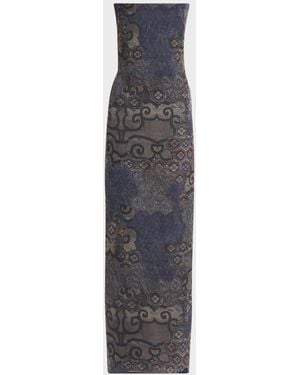 Giorgio Armani Strapless Tile-Print Silk Gown - Blue