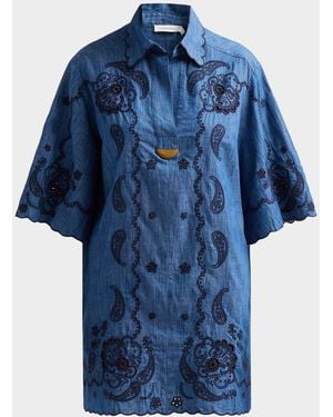 Zimmermann Aster Embroidered Denim Mini Dress - Blue