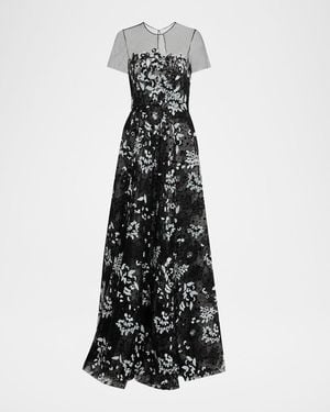 Naeem Khan Illusion Neckline Floral Embroidered Gown - White