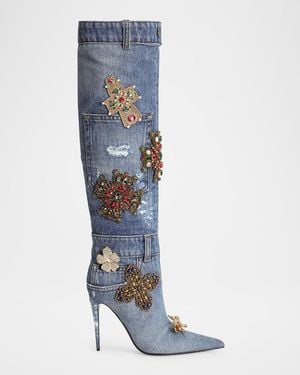 Dolce & Gabbana 105Mm Embellished Patchwork Denim Knee-High Boots - Blue
