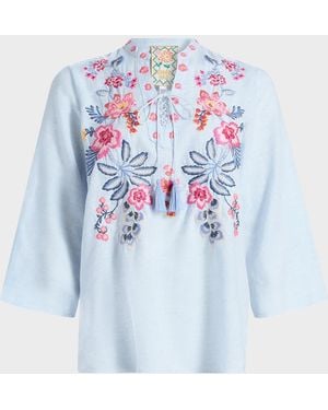 Johnny Was Lirielle Embroidered Linen-Blend Blouse - Blue