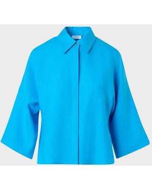 Akris Punto 3/4-Sleeve Linen Cropped Blouse - Blue
