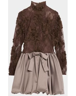 AKNVAS Jette Mixed-Media Lace Bubble Mini Dress - Brown