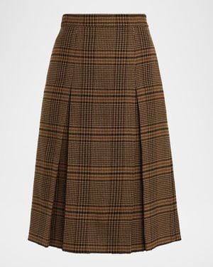 Saint Laurent Jupe Pleated Houndstooth Wool-Blend Midi Skirt - Brown