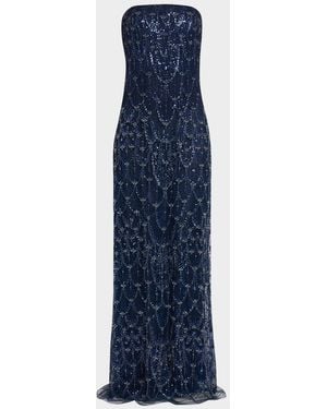 Reem Acra Strapless Crystal Embellished Evening Gown - Blue