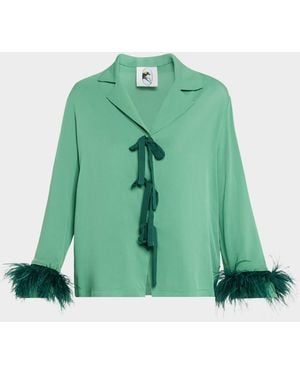 Sleeper Feather-Cuff Viscose Sleep Top - Green