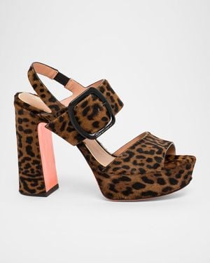 Santoni Bruxel Leopard-Print Calf Hair Platform Sandals - Brown