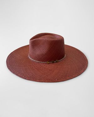 Van Palma Ella Straw Fedora With Mother Of Pearl Chain - Red