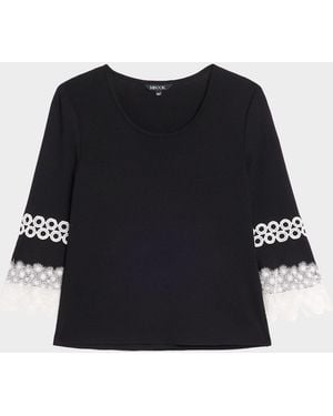 Misook Lace Applique Bell-Sleeve Knit Top - Black