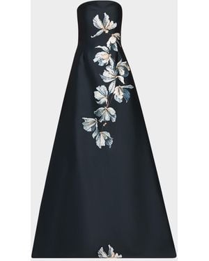 Teri Jon Beaded Floral Mikado A-Line Gown - Blue