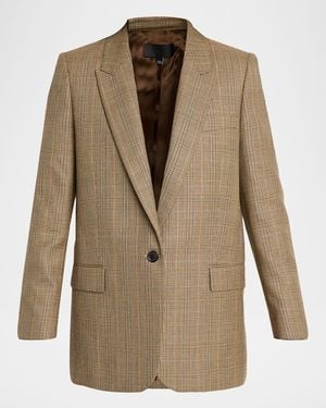 Nili Lotan Diane Check Wool Single-Breasted Blazer Jacket - Natural