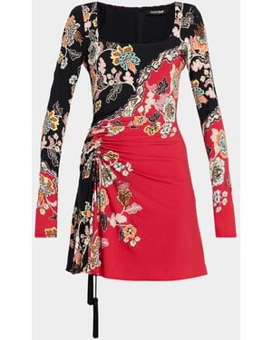 Roberto Cavalli Ruched Long-Sleeve Floral Mini Dress - Red