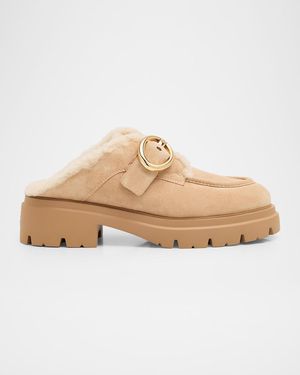 Stuart Weitzman Benni Shearling-Lined Suede Mules - Brown