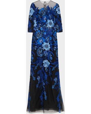 Teri Jon Floral Embroidered Tulle Gown - Blue
