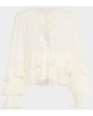 Cinq À Sept Steffina Ruffle Neck-Tie Long-Sleeve Top - Natural