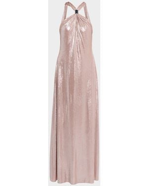 Halston Sofie Draped Metallic Jersey Halter Gown - Pink