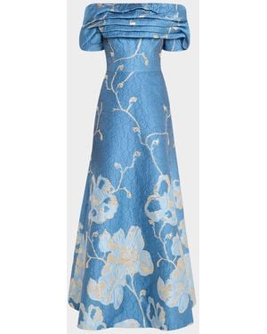 Teri Jon Off-Shoulder Metallic Jacquard Gown - Blue