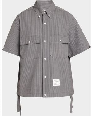 Thom Browne Apos;S Seersucker Short-Sleeve Track Shirt - Gray