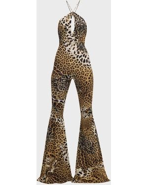Roberto Cavalli Leopard-Print Halter Flared Jumpsuit - Metallic