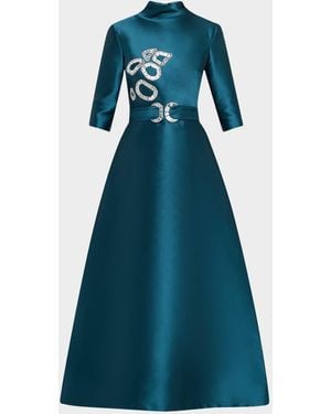 Reem Acra Crystal Mikado Silk 3/4-Sleeve Gown - Blue