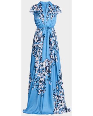 Aidan Mattox Floral-Print Chiffon Maxi Dress - Blue