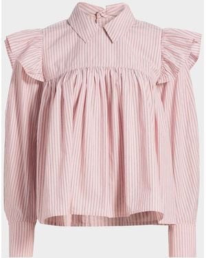Ganni Oxford Striped Frill Blouse - Pink